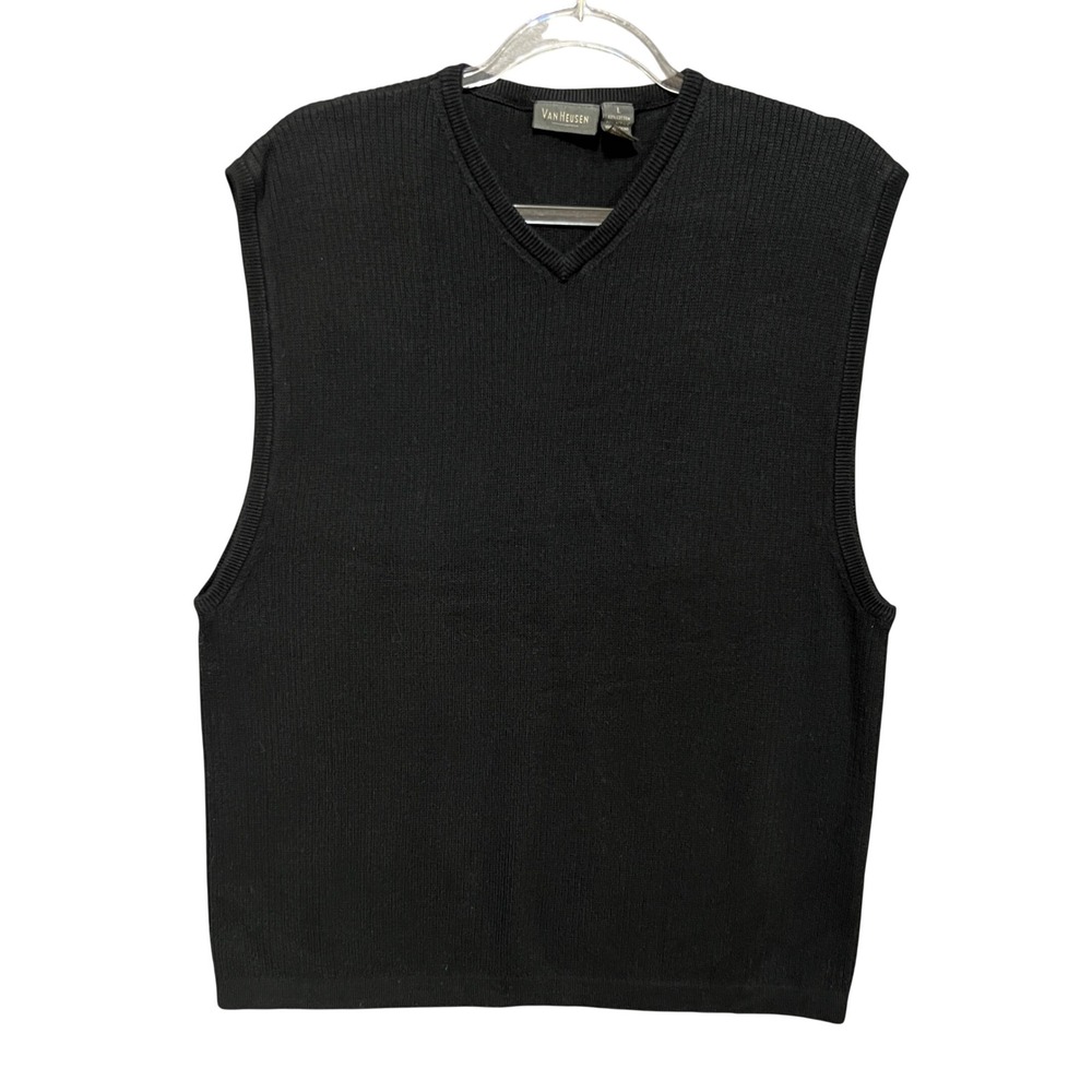 Van Heusen Mens Black V-Neck Knit Sweater Vest Sz L Ribbed Cotton Blend Preppy